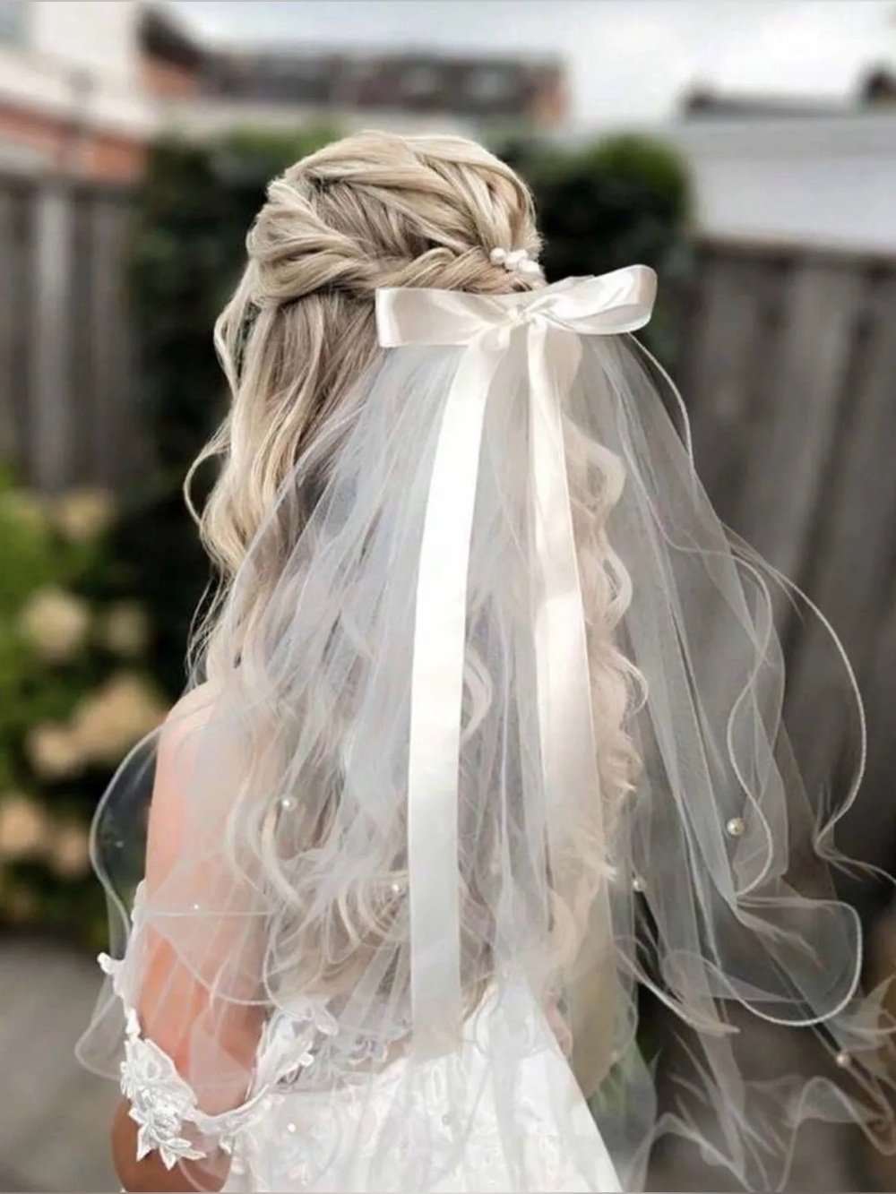 Bridal Ribbon Veil - White Satin Bow Accent Pearl Beading Multiple Layers Tulle